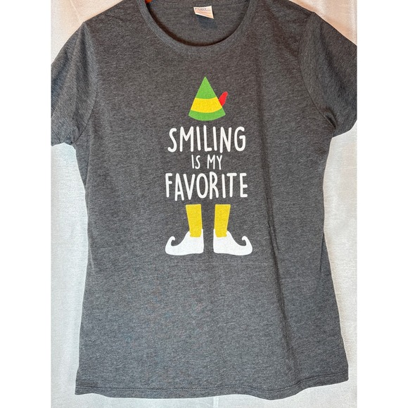 Port & Company Womens Elf "Smiling Is My Favorite" Graphic T Shirt Dark Gray M - Picture 2 of 5